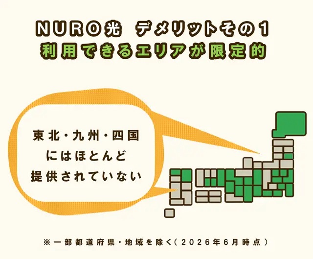 NURO光のデメリットその1、利用できるエリアが限定されていること。東北・九州・四国にはほとんど提供されていない。