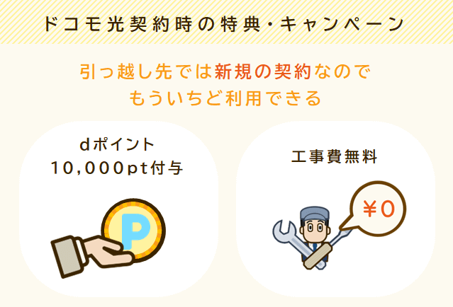 ドコモ光契約時の特典とキャンペーンはdポイント10000ポイント付与と工事費無料キャンペーン。引っ越し先では新規契約となるので再利用できる。