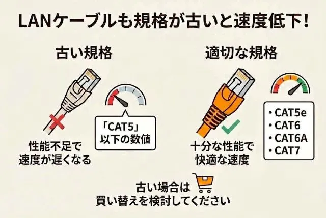 規格は、ケーブルの側面に印字されていることが多いです。印字を探し、「CAT5e」「CAT6」「CAT6A」「CAT7」のどれかが記載されていればOK。
これがもし「CAT5」以下の数値であれば、速度が出ない原因はケーブルの規格の古さにあるということ。適切な規格のケーブルに買い替えてください。