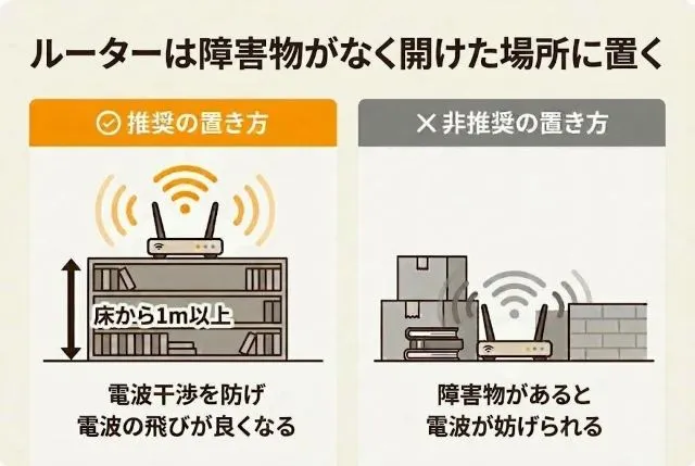 今お伝えした通り、一般的につながる2.5GHz帯は家電と電波干渉を起こしやすく、通信がストップする原因になります。
ルーターを棚の上など、床から1m以上の高さで、障害物のない場所に移動させてください。これだけで電波の飛びが良くなり、速度が改善することが多いです。