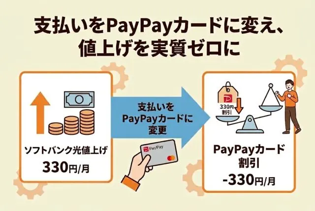 PayPayカード支払いでソフトバンク光の値上げ分を実質ゼロに相殺する図解