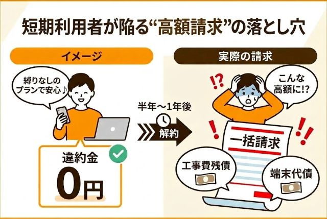費用の差が大きくなる理由は、「工事費」や「端末代金」の分割残債が解約時に一括請求される仕組みが存在するためです。