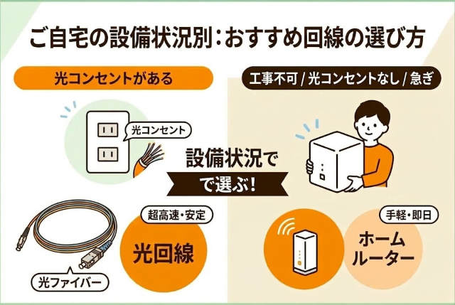 「部屋に光コンセントがあるなら工事費完全無料の光回線」、「工事不可・光コンセントがない・急ぎならホームルーター」を基準に選ぶのが最適です。