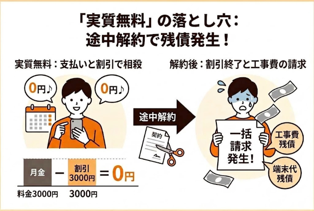 工事費と同額分の“毎月割引”を前提としているため、長期間継続利用することで無料に見える仕組みになっているだけです。そのため短期で解約すると残債が発生します。