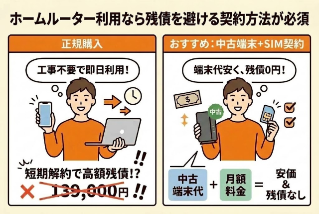 正規購入ではなく中古端末を活用すれば端末代が安く済み、短期解約時の高額な端末残債を完全に回避できます。