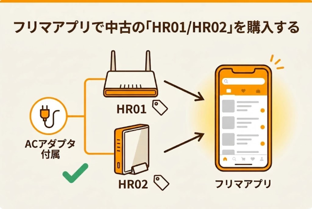 ドコモ home 5Gの旧機種「HR01」または「HR02」を、メルカリなどのフリマアプリで購入しましょう。
