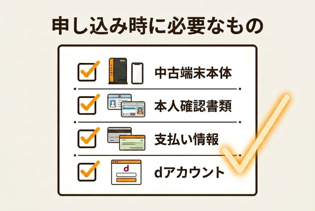 必要なものは、マイナンバーカードや運転免許証等の本人確認書類と支払い用のクレジットカードまたは口座情報、そしてdアカウントです。