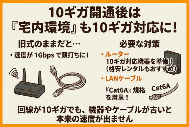 開通後は、宅内環境も10ギガ対応に整える必要があります。ルーターやLANケーブルが旧式のままだと、速度が1Gbpsで頭打ちになってしまうためです。
LANケーブルは「Cat6A」規格のものを用意し、ルーターは光コラボでの格安レンタルを利用するか、10ギガに対応した機器をあらかじめ準備しておくことが大切です。