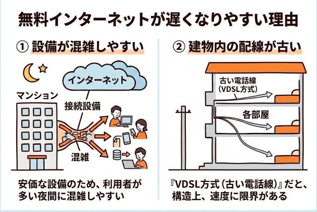 その結果、ネット接続の「出口の設備」が狭く設計され、利用者が集中する夜間などは混雑し、通信速度が低下しやすくなります。
さらに、建物内の各部屋への配線方法が、古い電話線を使う「VDSL方式」だった場合、構造上の物理的な限界から、混雑の有無を問わず上り速度が慢性的に不足してしまいます。