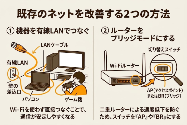 機器を有線LANで接続したり、自前のルーターを「ブリッジモード(APモード)」に切り替えたりしてみてください。