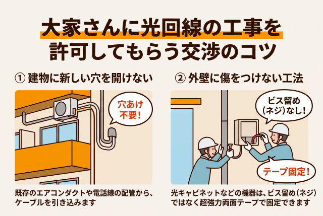 新たな穴あけは行わず、既存のエアコンダクトや電話線の配管を活用してケーブルを引き込む計画であることを伝えます。外壁に設置する光キャビネットなどについても、ビス留めではなく超強力両面テープで固定する工法を選択できる旨を説明します。