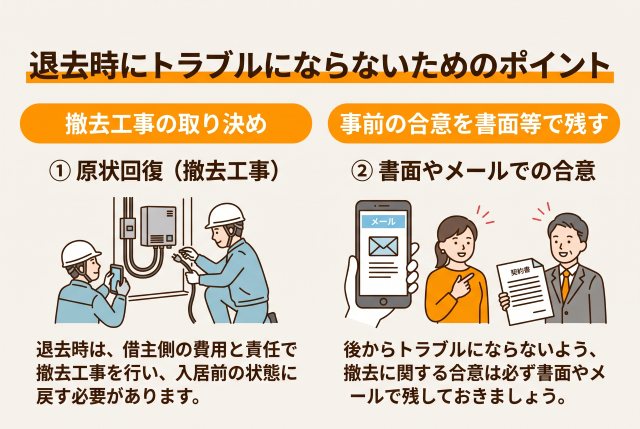 退去時には借主側の費用と責任で撤去工事を行い、書面やメールにて「入居前の状態に戻す」という合意をしておきます。