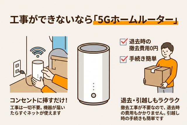 建物構造や管理方針によりどうしても工事が認められない場合は、コンセントに挿すだけで利用できる「5Gホームルーター」の導入が現実的な解決策となります。