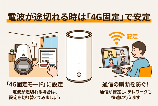 万が一、電波が不安定で途切れる場合は、ルーターを「4G固定モード」に設定することで通信の瞬断を防ぎ、安定させることができます。