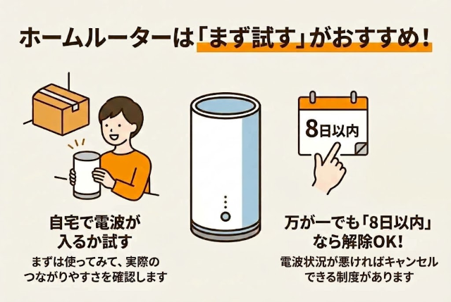 ホームルーターは、契約後に万が一通信状況が悪い場合でも、8日以内であれば契約を解除できる制度が用意されていることが多いです。