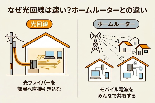 光回線は光ファイバーを部屋まで直接引き込むため、モバイル電波を共有するホームルーターと比べて通信速度や応答速度(Ping値)が構造上圧倒的に有利だからです。