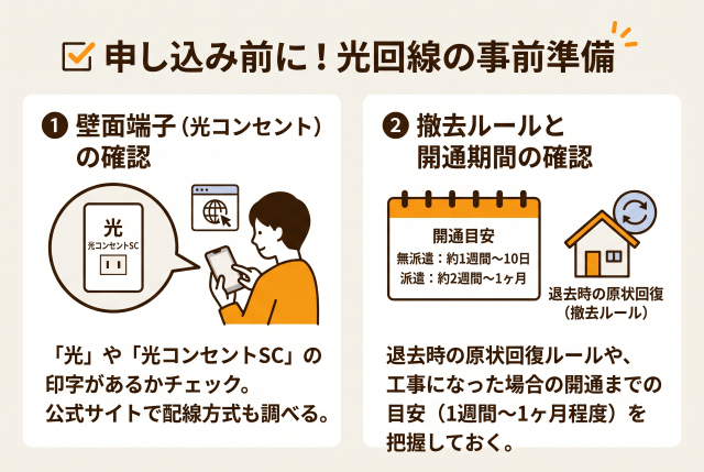 壁面端子の確認:コンセントに「光」や「光コンセントSC」の印字があるか確認し、公式サイトで配線方式を調べる。
撤去ルールと期間の確認:万が一派遣工事になったときの心づもりとして、退去時の原状回復ルールと開通までの目安(無派遣なら約1週間〜10日、派遣なら約2週間〜1ヶ月)を把握する