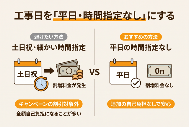 土日祝日や細かい時間指定を行うと割増料金がかかります。しかもこの割増分はキャンペーンの割引対象外となり、全額自己負担になることが多いため、平日の時間指定なしで手配するのがおすすめです。