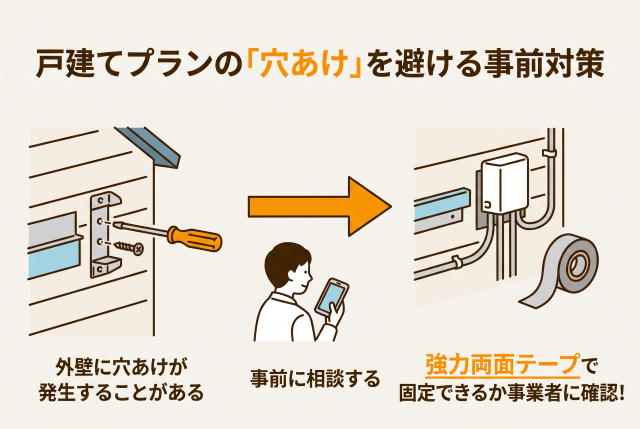 「ビス留めではなく強力両面テープで固定する施工方法が可能か事業者に確認する」と伝えてください。